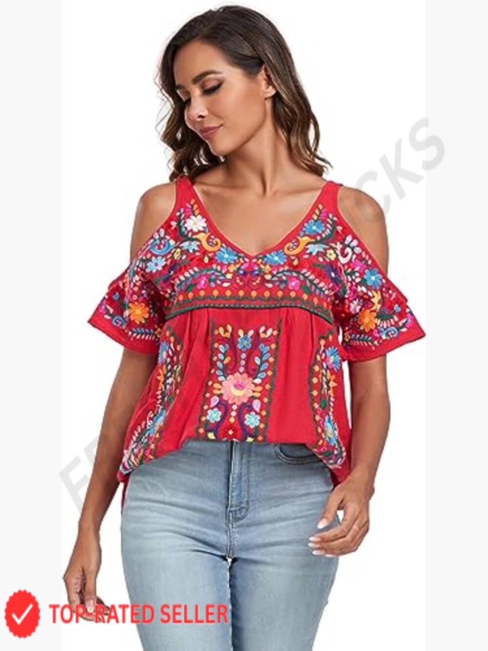 Mexican Embroidered Tunic Cold Shoulder V-Neck Boho Chic Summer Blouse - Picture 4 of 7